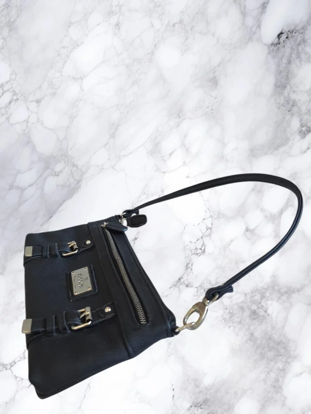 Nicole by Nicole Miller Black Mini Shoulder Bag Y2K Moto Buckle Wristlet